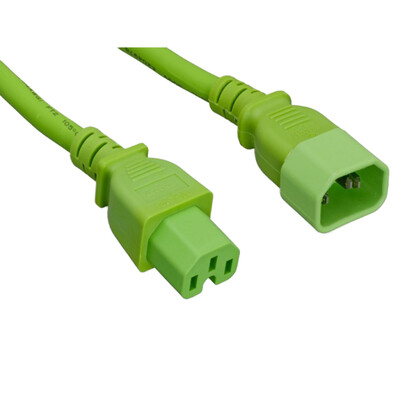 High Temperature Power Cord, C14 to C15, 14AWG, 15 Amp / 250 Volt, UL SJT, Green, 10 foot - Part Number: 10W2-07110GN