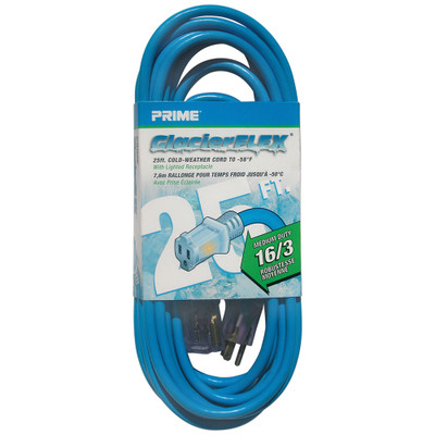Cold Weather Outdoor Power Extension Cord, SJTW 16 AWG * 3C / 13 Amp, UL / CSA, Blue, 25 ft - Part Number: 10W2-70625