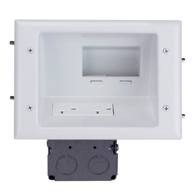 Recessed Low Voltage Mid-Size Plate with 20 Amp Duplex Receptacle, White - Part Number: 45-0072-WH