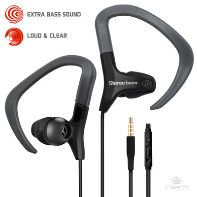 Sport Over-Ear Clip Earbuds featuring microphone with play/pause/call controls and slide volume, Black - Part Number: 5002-213BK