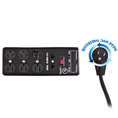 Surge Protector, Flat Rotating Plug, 6 Outlet, Black, Metal, Commercial Grade, 1 X3 MOV, EMI & RFI, Modem Protector, Power Cord 6 foot - Part Number: 51W1-82206