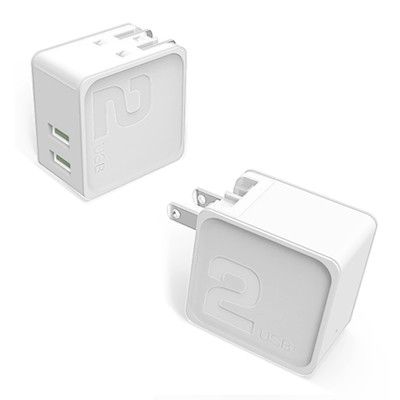 2 Port USB Wall Travel Charger, dual USB A female ports,  5V/2.1A output, Folding plug, White - Part Number: 90W1-30310WH