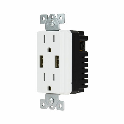 White Decora Style Duplex AC 15A 125V Outlet (2 x Nema 5-15R) Featuring Dual USB charge ports providing 4.0 Amps ( USB A Female 2 A each) - Part Number: 90W1-70100