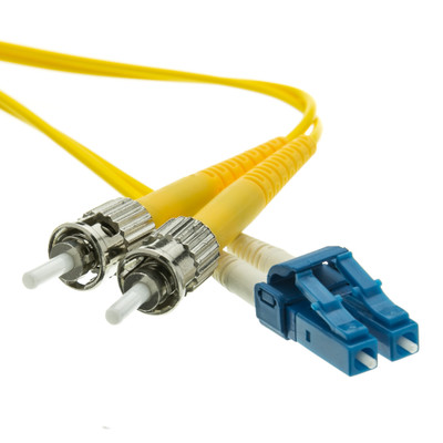 LC/UPC to ST/UPC OS2 Duplex 2.0mm Fiber Optic Patch Cord, OFNR, Singlemode 9/125, Yellow Jacket, Blue LC Connector, 20 meter (65.6 ft) - Part Number: LCST-01220
