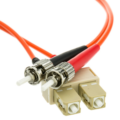 SC/UPC to ST/UPC OM1 Duplex 2.0mm Fiber Optic Patch Cord, OFNR, Multimode 62.5/125, Orange Jacket, Beige SC Connector, Red/Black Boot, 30 meter (98.4 ft) - Part Number: SCST-11130