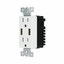 White Decora Style Duplex AC 15A 125V Outlet (2 x Nema 5-15R) Featuring Dual USB charge ports providing 4.0 Amps ( USB A Female 2 A each) - Part Number: 90W1-70100