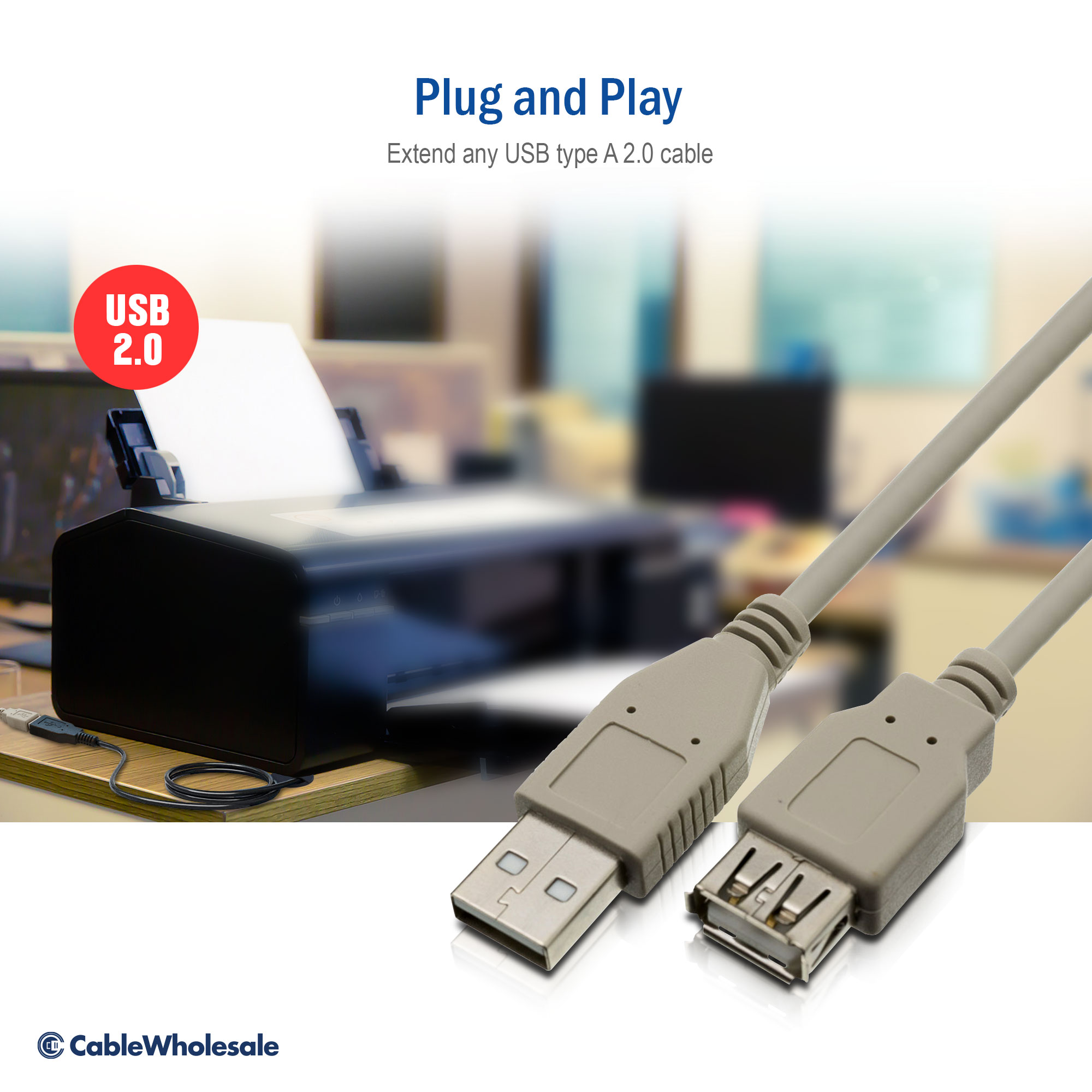 3Ft White USB 2.0 Type-A Male to Type-A Female Straight Universal Extension Cable LL64201 