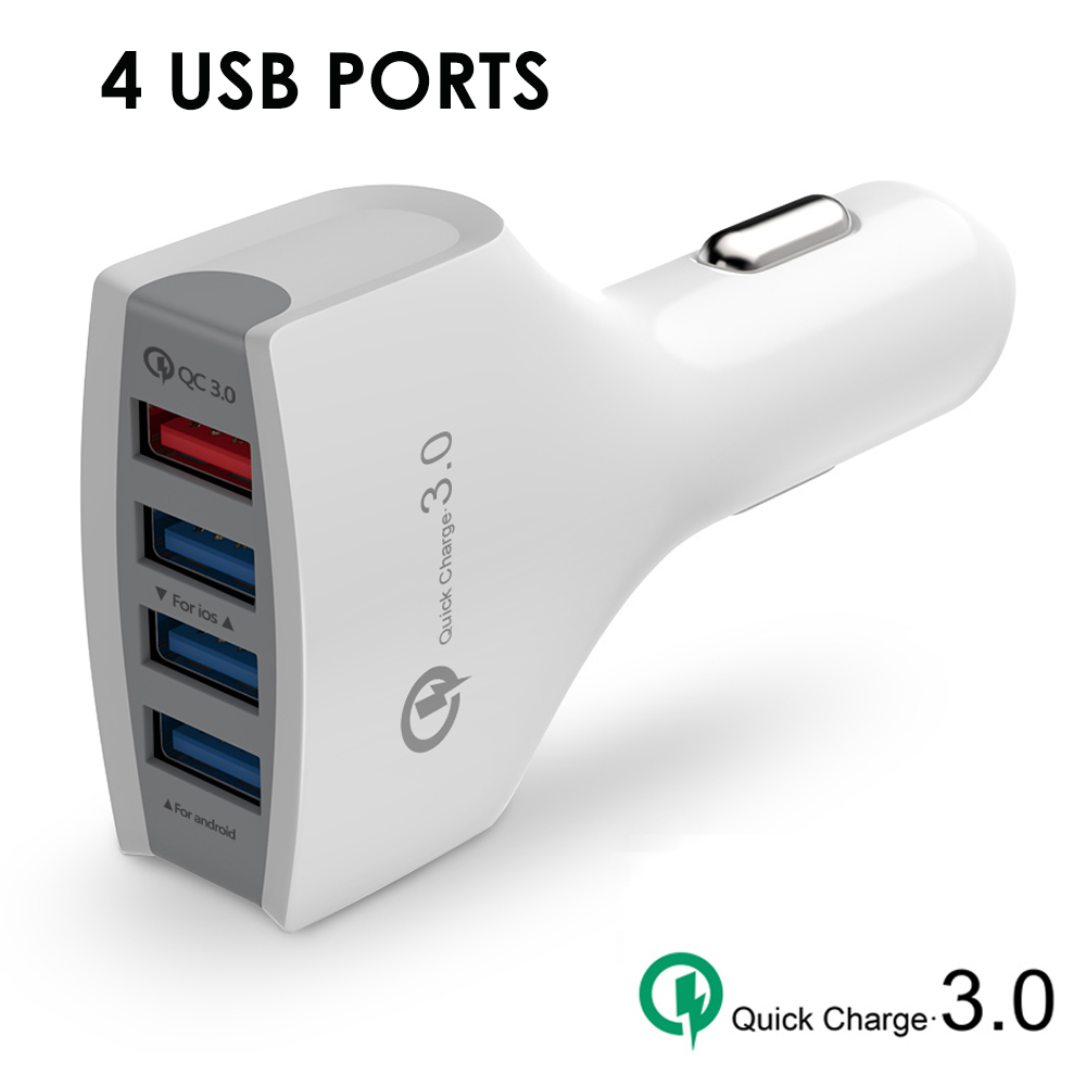 4 Port USB Car Charger, 7A Total, 1 QC3.0 Port
