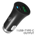 30W1-713BK - 2 Port USB Car Charger, 3.4A total, Cigarette Lighter Plug, 1x USB Type A, 1x USB Type C, Black
