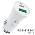 30W1-713WH - 2 Port USB Car Charger, 3.4A total. Cigarette Lighter Plug, 1x USB Type A, 1x USB Type C, White