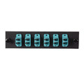 68F3-21160 - LGX Compatible Adapter Plate featuring a Bank of 6 Multimode Duplex LC Connectors in Aqua for OM3 and OM4 10Gbit applications, Black Powder Coat