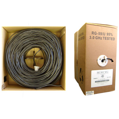Bulk RG59/U Coaxial Cable, Black, 20 AWG, Solid Core, Copper, Pullbox, 1000 foot - Part Number: 10X3-022TH-20