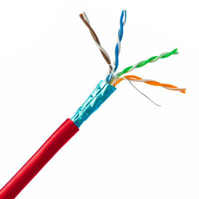 Shielded Cat5e Red Solid Copper Ethernet Cable, F/UTP, POE Compliant, Pullbox, 1000 foot - Part Number: 10X6-5712TH