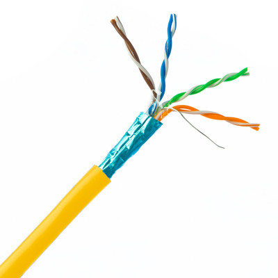 Shielded Cat5e Yellow Solid Copper Ethernet Cable, F/UTP, POE Compliant, Pullbox, 1000 foot - Part Number: 10X6-581TH