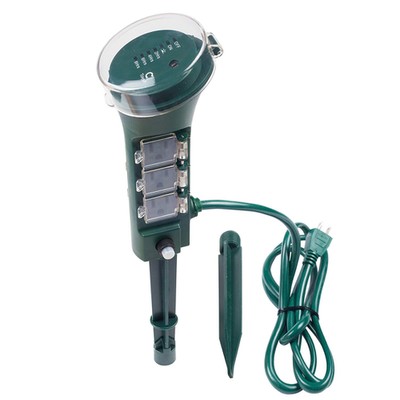6-Outlet yard stake with digital timer.  6 foot cord. Green - Part Number: 12W2-36206