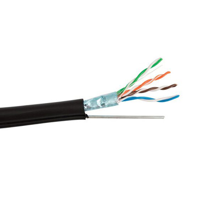 Shielded, Cat5e Aerial w/Messenger, 24 AWG ,Solid Copper Ethernet Cable, F/UTP, POE Compliant, Spool, Black, 1000 foot - Part Number: 12X6-522NH