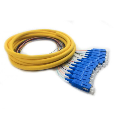 12 Strand Fiber Distribution Pigtail, Singlemode, SC/UPC Connectors, Blue Boots, 3 meter(1m 900um fanout + 2m distribution tail) - Part Number: 15F2-00112