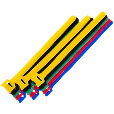 Hook and Loop Cable Tie, 8 inch, Assortment 15pcs - 3/each color (Red, Blue, Green, Yellow, Black) - Part Number: 30CT-10080