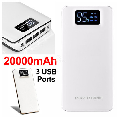 3 port Power bank 20000 mAh USB Battery Backup, includes Micro USB cable, white. - Part Number: 30W1-80001