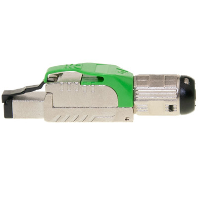 Shielded Cat6a field terminable plug for solid/stranded cable, 23-26 AWG conductors, 6.0-7.5mm OD, POE Compliant, Green - Part Number: 31D0-65100
