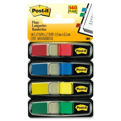 3M Post-it Smaller Size Flags, Red, Yellow, Blue, Green, .47 in x 1.7 in 35 flgs/color, 4/pack - Part Number: 3401-00115