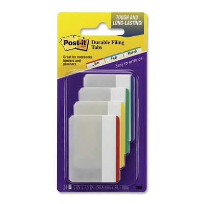 3M Post-it Durable Filing Tabs, Blue, Green, Red, Yellow 2 in x 1.5 in, 6/Tabs/per/color,4/colors pk - Part Number: 3401-00119