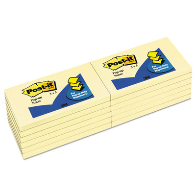 3M Post-it Pop Up Notes, Canary Yellow,  Virgin Paper, 3 x 5 inch 100-sheet pads, 12 pads/pack - Part Number: 3401-00122