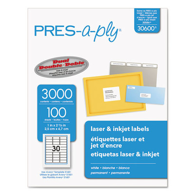 Avery Press-a-ply Laser Address Labels, 1 x 2 5/8, White, 3000/Box - Part Number: 3401-00202