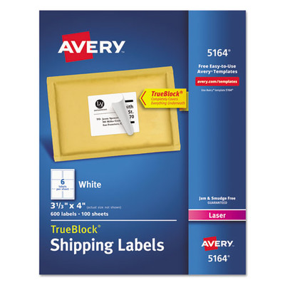 Avery TrueBlock Shipping Labels, Sure Feed Technology, Permanent Adhesive, 3-1/3 x 4 inch, 600 Labels (5164) - Part Number: 3401-00204