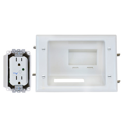 Recessed Low Voltage Mid-Size Plate w/ Duplex Surge Suppressor, White - Part Number: 45-0081-WH