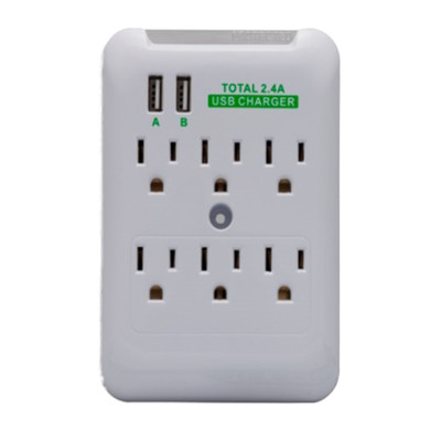 6-Outlet Surge Protector Wall Tap with Dual USB A Charging Ports - 2.4A Total, White - Part Number: 50W1-30101