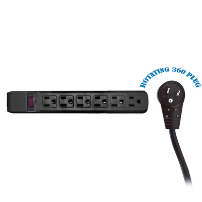 Surge Protector, Flat Rotating Plug, 6 Outlet, Black Horizontal Outlets, Plastic, Power Cord 6 foot - Part Number: 51W1-12206