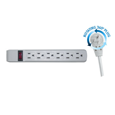Surge Protector, Flat Rotating Plug, 6 Outlet, Gray Horizontal Outlets, Plastic, Power Cord 10 foot - Part Number: 51W1-19210