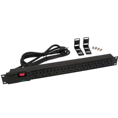 19 inch 1U Rackmount 12-Outlet Power Distribution Unit (PDU), Power Strip (Plastic Case), 15A with 6ft Power Cord - Part Number: 51W2-11206