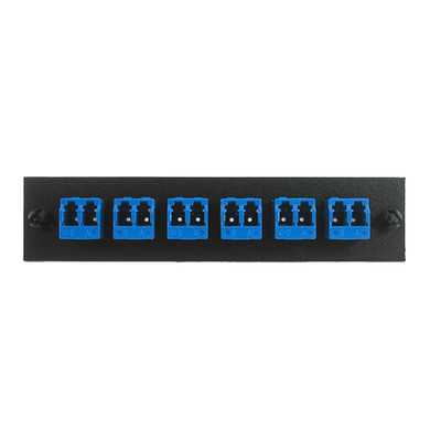 LGX Compatible Adapter Plate featuring a Bank of 6 Singlemode Duplex LC Connectors in Blue for OS1 and OS2 applications, Black Powder Coat - Part Number: 68F3-01160