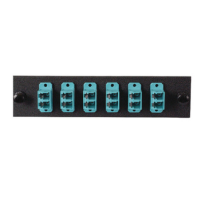 LGX Compatible Adapter Plate featuring a Bank of 6 Multimode Duplex LC Connectors in Aqua for OM3 and OM4 10Gbit applications, Black Powder Coat - Part Number: 68F3-21160