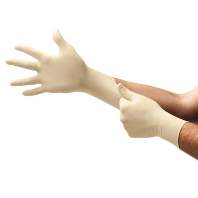 Ansell TouchNTuff Disposable Latex Gloves, 5 mil, Natural, Small, 6.5 - 7, Powder-Free, 100/Box - Part Number: 7301-00202