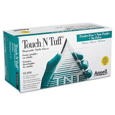 Ansell TouchNTuff Disposable Nitrile Gloves, 5 mil, Teal, Medium, 7.5 - 8, Powder-Free, 100/Box - Part Number: 7301-01202