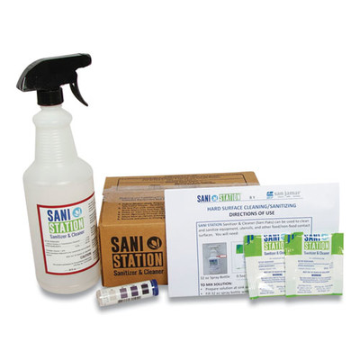 San Jamar Sani Station Hard Surface Cleaner Kit, 1 Spray Bottle, 1 Tube Chlorine Test Strips, 100 0.5 oz Packets - Part Number: 8301-02251