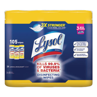 Lysol Disinfecting Wipes, 7 x 8, Lemon and Lime Blossom, 35 Wipes/Canister, 3 Canisters/Pack - Part Number: 8303-00105