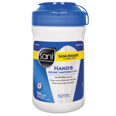 Sani Professional Hands Instant Sanitizing Wipes, 6 x 5, White, 150/Canister - Part Number: 8303-00404