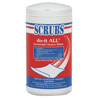 Scrubs Do-It All Germicidal Cleaner Wipes, Lemon, 7 x 8 inches, White, 75/Container - Part Number: 8303-02502