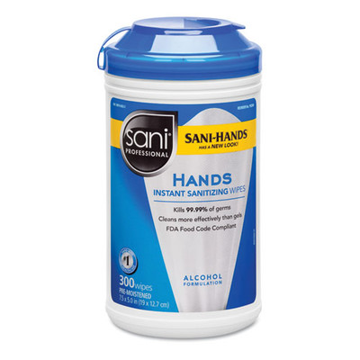 Case of 6 - Sani Professional Hands Instant Sanitizing Wipes, 7.5 x 5 inches, 300/Canister - Part Number: 8303-06401CT
