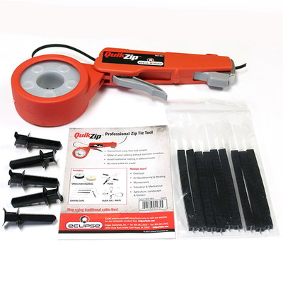 QuikZip Kit Contains Cable Tie Tool, 50ft of Black Tie Material w/ 55lb limit, UV protected, 200 Tie Ends, 5 Anchor Plugs - Part Number: 9005-10120