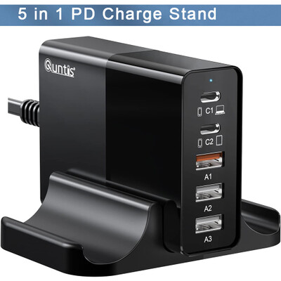 5 Port Smart PD Charging Station, 65W, 2 USB C Ports and 3 USB A Ports, Black - Part Number: 90W1-20105