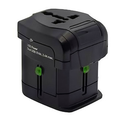 International travel power adapter with 2 USB 2.0 ports(2.4 A total).  For use with US, UK, EU, Australia, and China power plugs. - Part Number: 90W1-40100
