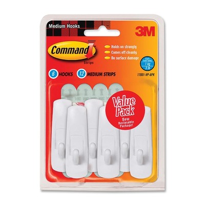 3M Brand, Command Utility Hook, Medium, Value Pack, 6 hooks and 12 strips, white - Part Number: 9301-00129