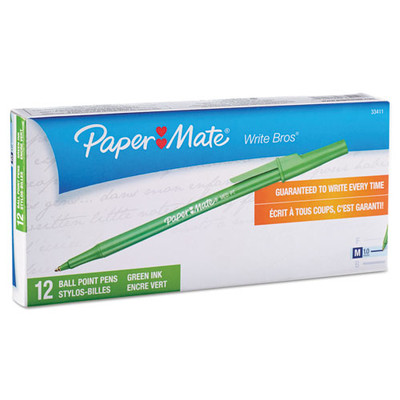 PaperMate Write Bros. Stick Ballpoint Pen, Medium 1mm, Green Ink + Barrel, Dozen - Part Number: 9312-00602