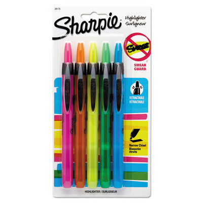 Sharpie Retractable Highlighters, Chisel Tip, Assorted Fluorescent Colors, 5/Pack - Part Number: 9312-21105