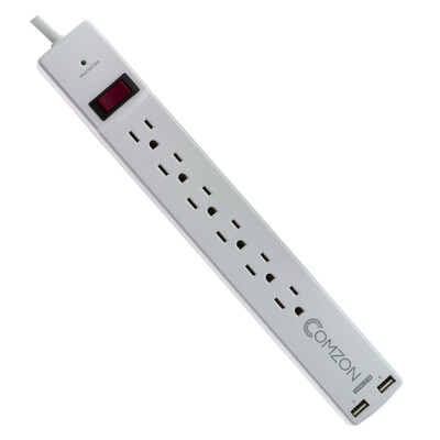 Comzon® Surge Protector w/2 USB ports(2.4 Amp), Flat Rotating Plug, 6 Outlet, White Horizontal Outlets, Plastic, Power Cord 10 foot - Part Number: C2008
